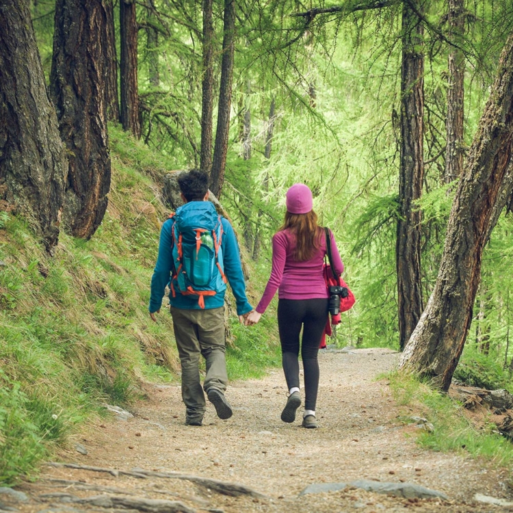 Couple walking down a forest trail